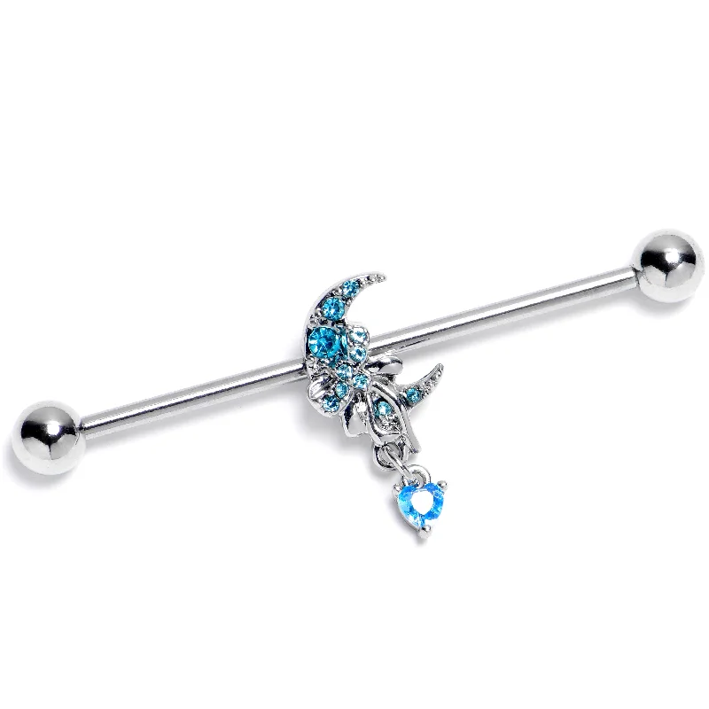 Women's Earrings – Elegant Designs for Every Personality--14 Gauge Blue CZ Gem Moon Bow Heart Dangle Industrial Barbell 38mm