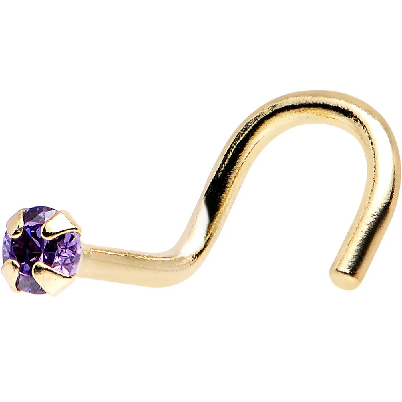 Easy-Wear Nose Rings -Solid 14kt Yellow Gold 2mm Amethyst Cubic Zirconia Solitaire Nose Ring Easy-Wear Nose Rings -Solid 14kt Yellow Gold 2mm Amethyst Cubic Zirconia Solitaire Nose Ring