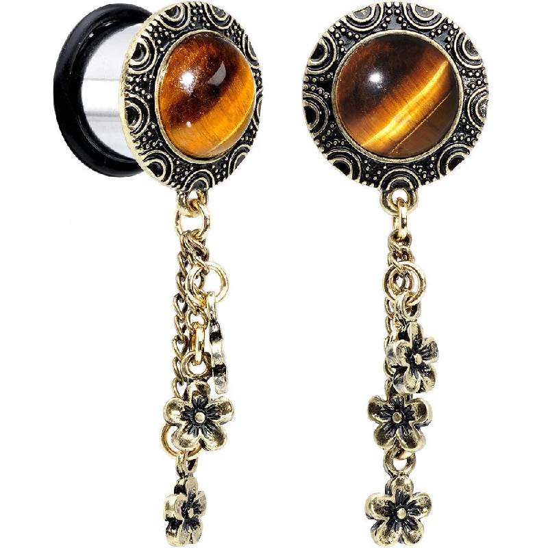 Women's Earrings – Elegant Designs for Every Personality--9/16 Tiger Eye Stainless Steel Flower Dangle Single Flare Plug Set Women's Earrings – Elegant Designs for Every Personality--9/16 Tiger Eye Stainless Steel Flower Dangle Single Flare Plug Set