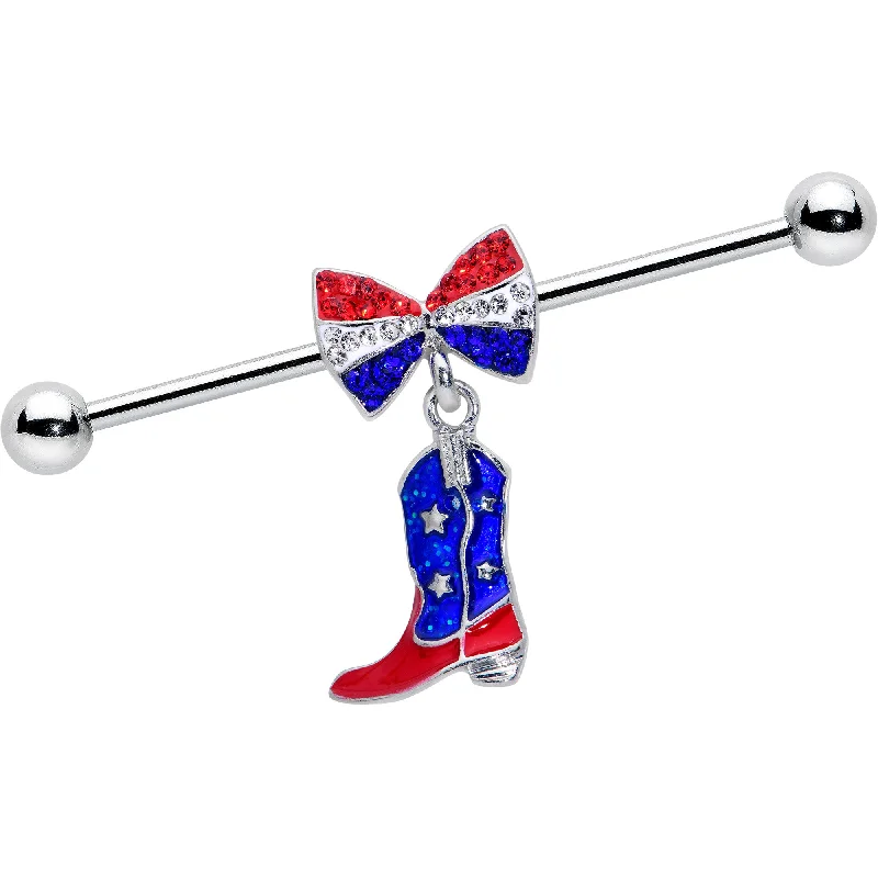 Women's Earrings – Elegant Designs for Every Personality--14 Gauge Red Blue Gem Bow Cowboy Boot Patriotic Industrial Barbell 38mm