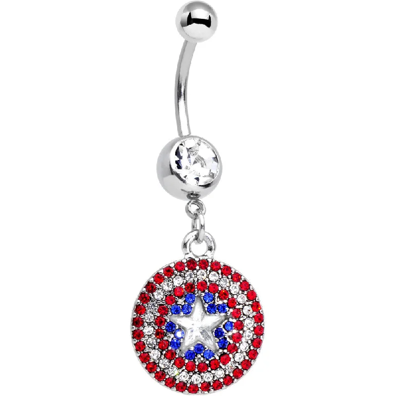 Trendy Belly Rings with Colorful Accents -Licensed Patriotic Gem Captain America Shield Dangle Belly Ring Trendy Belly Rings with Colorful Accents -Licensed Patriotic Gem Captain America Shield Dangle Belly Ring