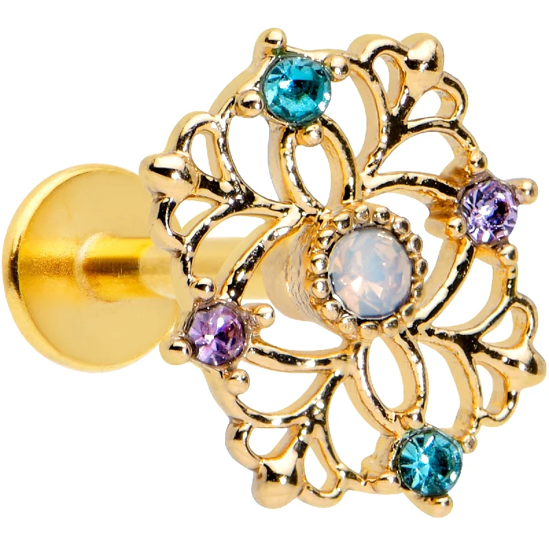 Stylish Lip Rings for Women16 Gauge 5/16 White Faux Opal Gold Hue Web Flower Labret Monroe Tragus