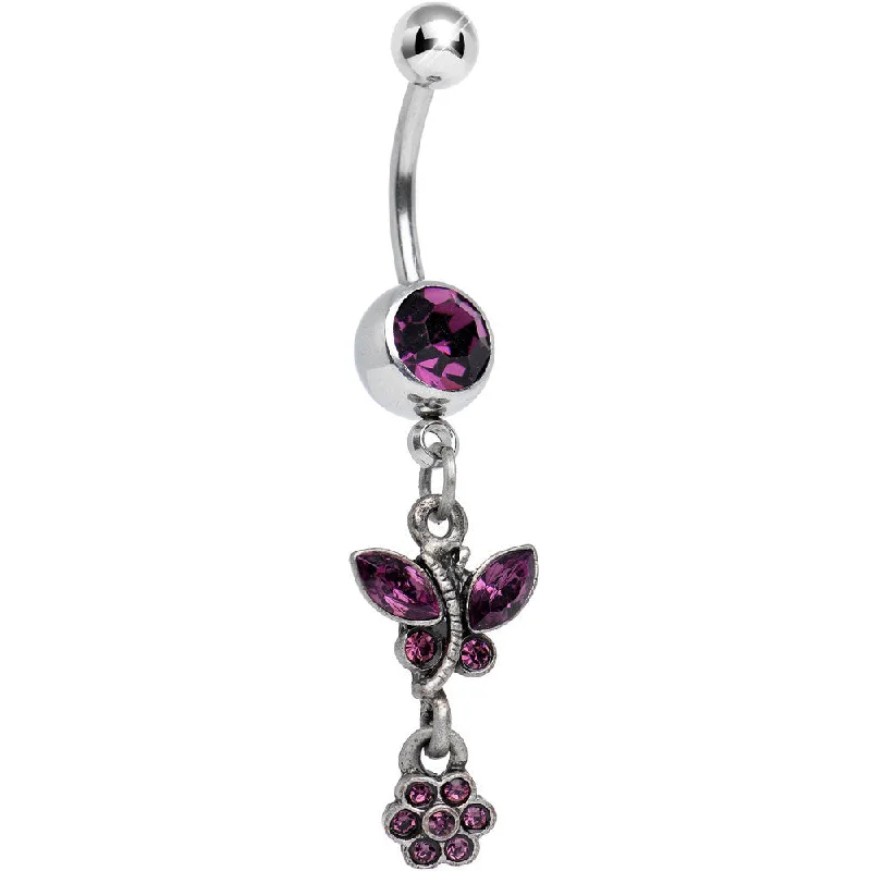 Comfortable Belly Rings with Smooth Texture -Antique Silver Floral Ivy Violet Gem Dangle Belly Ring Comfortable Belly Rings with Smooth Texture -Antique Silver Floral Ivy Violet Gem Dangle Belly Ring