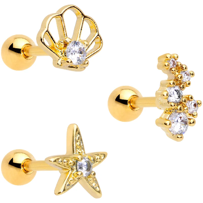 Women's Earrings – Elegant Designs for Every Personality--16 Gauge 1/4 Clear CZ Gem Gold Tone Nautical Cartilage Tragus Set of 3