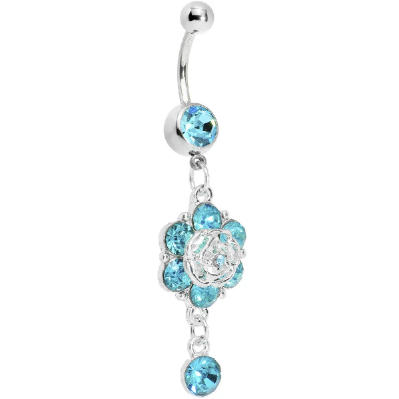 Stylish Belly Rings with Vibrant Colors -Aqua Gem Fancy Flower Dew Drop Belly Ring