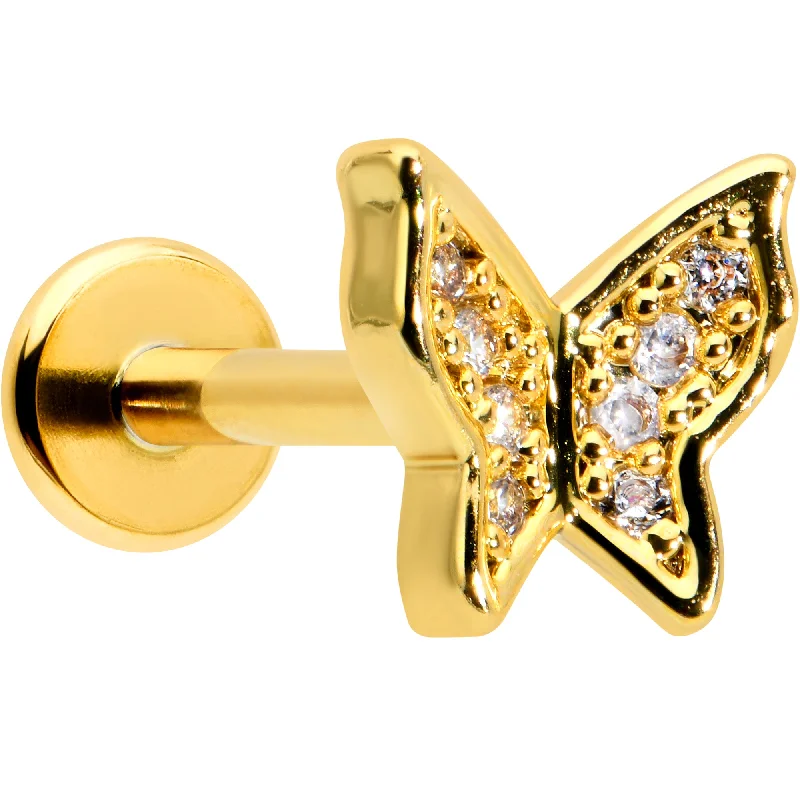 Statement Lip Rings with Bold Details16 Gauge 5/16 Clear Gem Gold Tone Butterfly Internally Threaded Labret