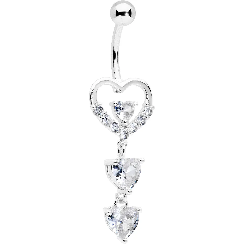 Unique Belly Rings with Bold Designs -Clear CZ Gem Opulent Heart Quartet Dangle Belly Ring Unique Belly Rings with Bold Designs -Clear CZ Gem Opulent Heart Quartet Dangle Belly Ring