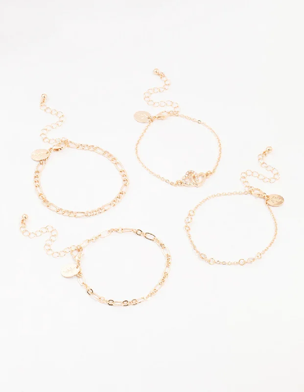Custom Bangles for Women's Wedding-Gold Diamante Link Heart Bracelets 4-Pack