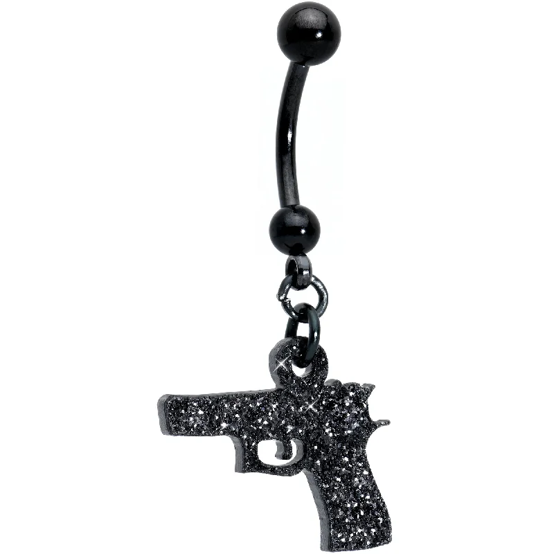 Belly Rings with Glittering Stones for Extra Shine -Jet Black Glitter Gun Dangle Belly Ring Belly Rings with Glittering Stones for Extra Shine -Jet Black Glitter Gun Dangle Belly Ring