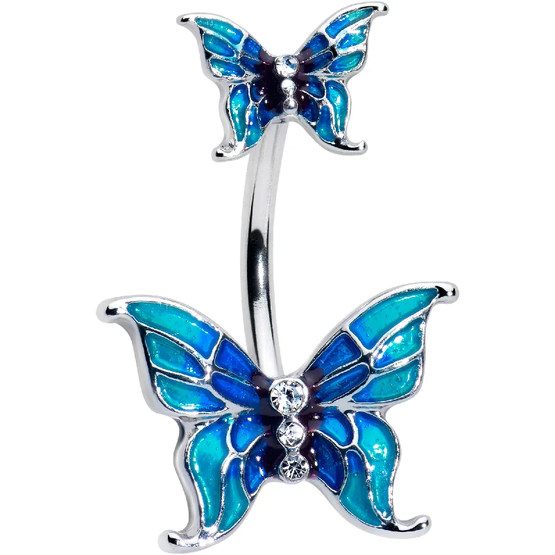 Belly Rings with Unique Stone Patterns -Clear Gem Butterfly Blue Sky Double Mount Belly Ring Belly Rings with Unique Stone Patterns -Clear Gem Butterfly Blue Sky Double Mount Belly Ring