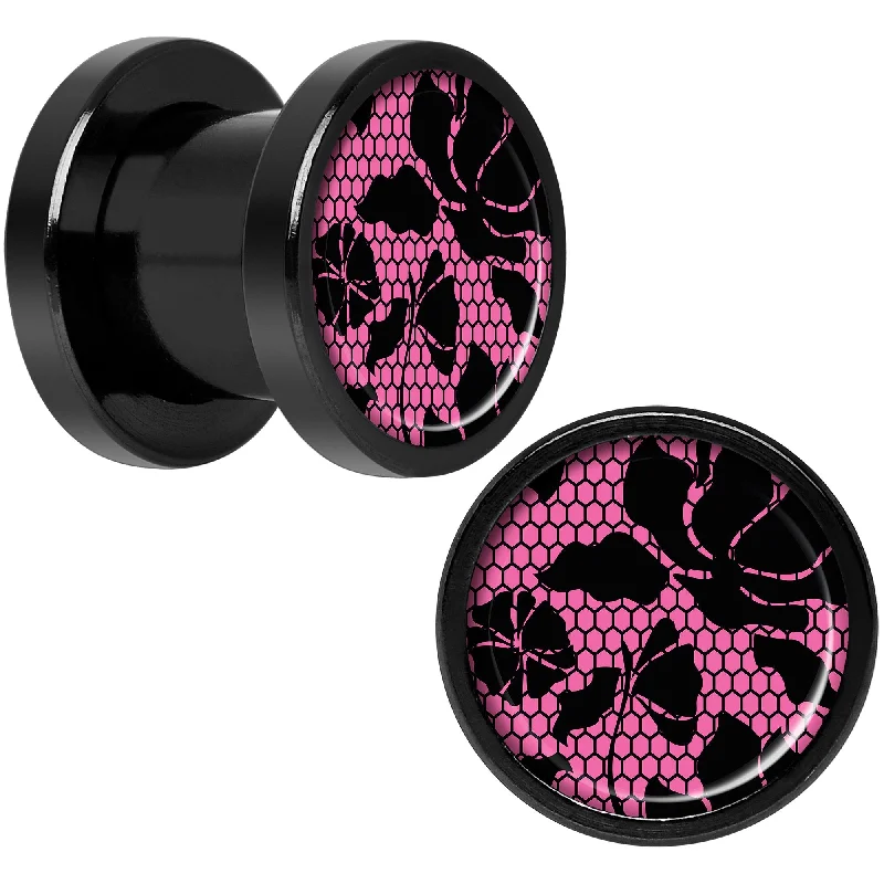 Women's Earrings – Elegant Designs for Every Personality--Pink Floral Lace Black Anodized Screw Fit Plug Set 0 Gauge Women's Earrings – Elegant Designs for Every Personality--Pink Floral Lace Black Anodized Screw Fit Plug Set 0 Gauge