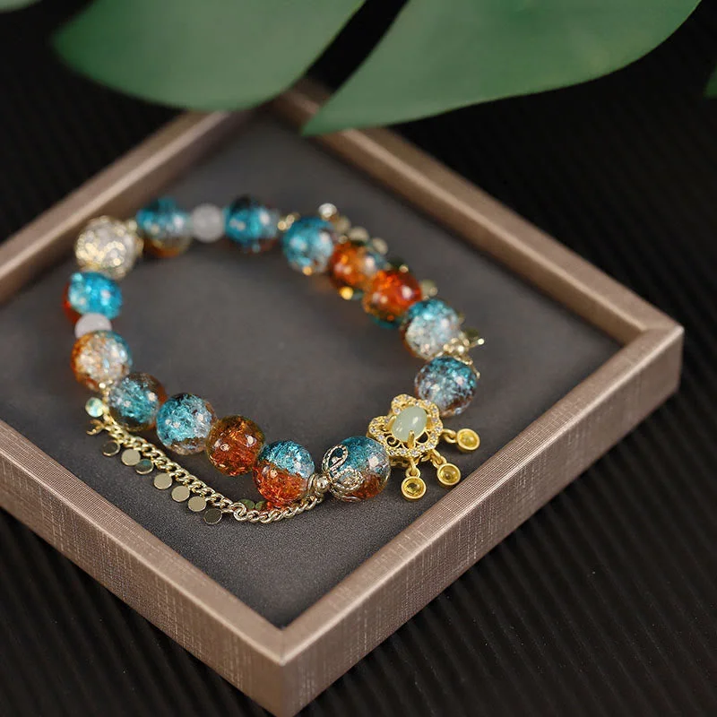 Stackable Cuff Bangles for Women-Buddha Stones Colorful Liuli Glass Bead Chinese Lock Charm Fortune Bracelet