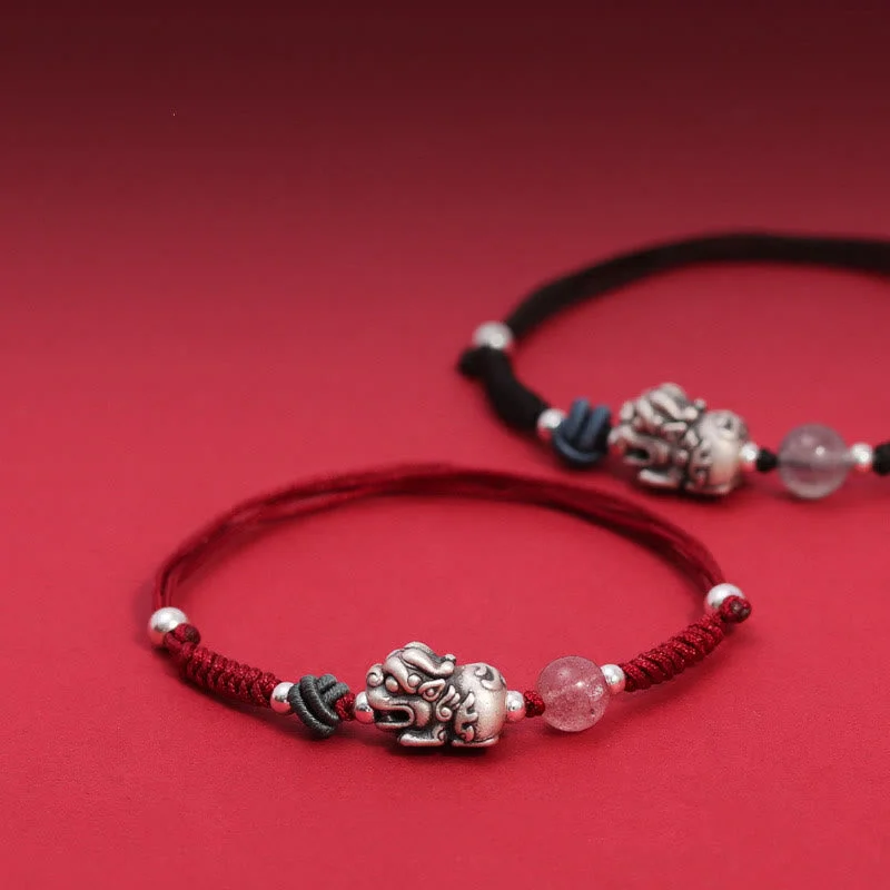 Classic Silver Bracelets for Men-Buddha Stones 999 Sterling Silver PiXiu Strawberry Quartz Bead Wealth Luck Braided Bracelet Classic Silver Bracelets for Men-Buddha Stones 999 Sterling Silver PiXiu Strawberry Quartz Bead Wealth Luck Braided Bracelet
