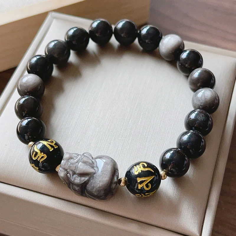 Crystal-Studded Bangles for Women-Buddha Stones Natural Silver Sheen Obsidian Black Obsidian Om Mani Padme Hum Pixiu Protection Bracelet Crystal-Studded Bangles for Women-Buddha Stones Natural Silver Sheen Obsidian Black Obsidian Om Mani Padme Hum Pixiu Protection Bracelet