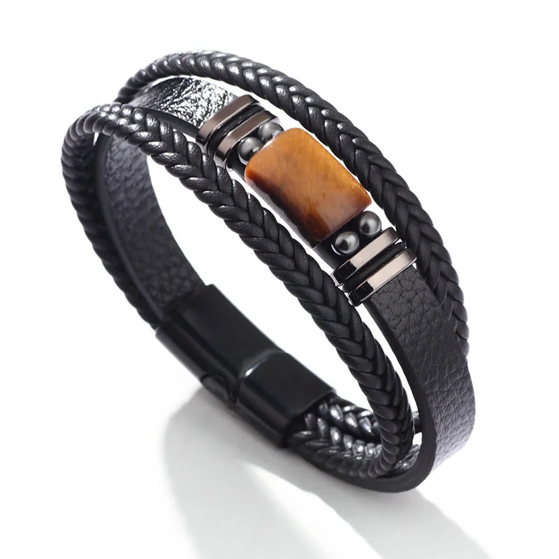 Stainless Steel and Leather Bracelets for Men-Buddha Stones Tiger Eye Power Magnetic Buckle Multilayered Leather Bracelet Stainless Steel and Leather Bracelets for Men-Buddha Stones Tiger Eye Power Magnetic Buckle Multilayered Leather Bracelet