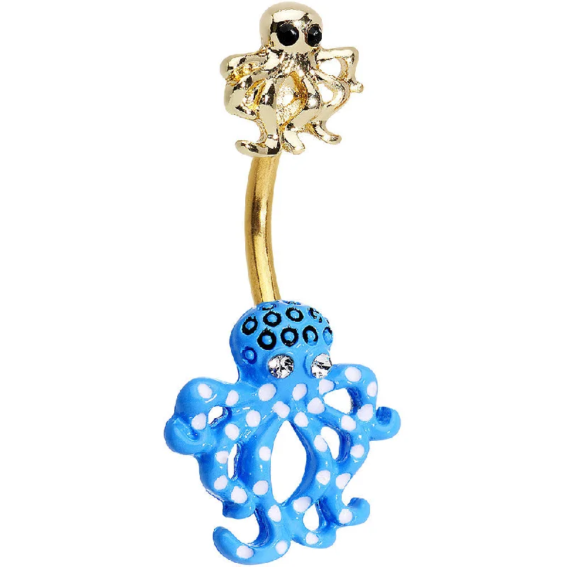 Comfortable Belly Rings for Everyday Glam -Clear Black Gem Gold PVD Gold and Blue Octopus Double Mount Belly Ring Comfortable Belly Rings for Everyday Glam -Clear Black Gem Gold PVD Gold and Blue Octopus Double Mount Belly Ring