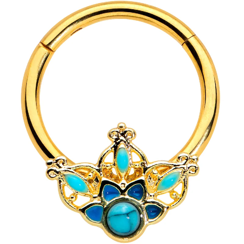 Women's Earrings – Elegant Designs for Every Personality--16 Gauge 3/8 Turquoise Gold Tone Opulent Flower Hinged Segment Ring Women's Earrings – Elegant Designs for Every Personality--16 Gauge 3/8 Turquoise Gold Tone Opulent Flower Hinged Segment Ring