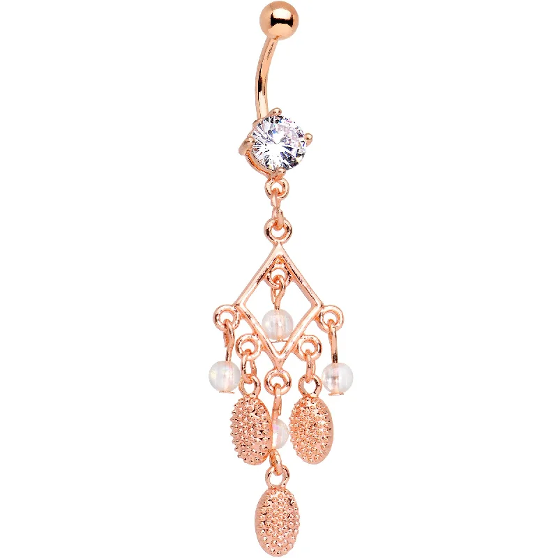 Designer Belly Rings for Fashion-Forward Women -Clear CZ Gem Rose Gold Tone Anodized Hip Chandelier Dangle Belly Ring Designer Belly Rings for Fashion-Forward Women -Clear CZ Gem Rose Gold Tone Anodized Hip Chandelier Dangle Belly Ring