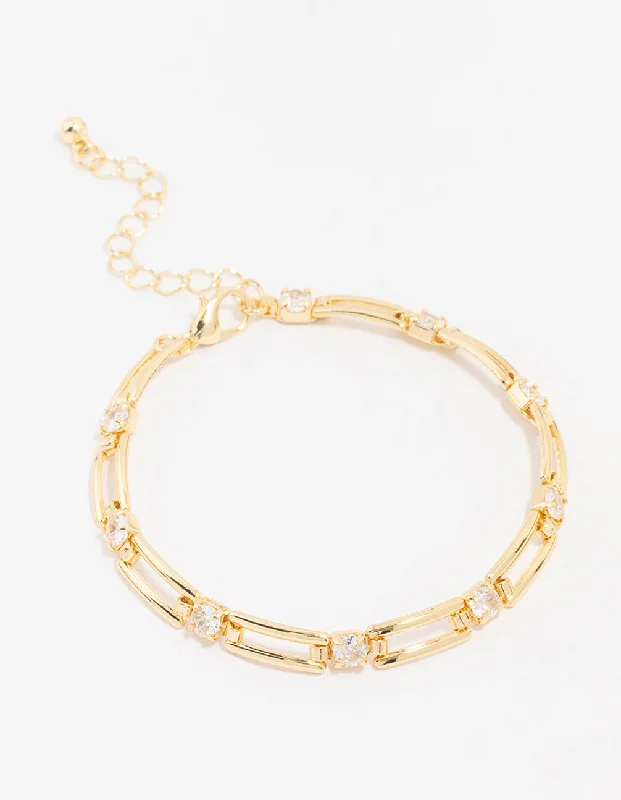 Elegant Thin Bangles for Women-Gold Plated Brass Rectangular Square Cubic Zirconia Bracelet
