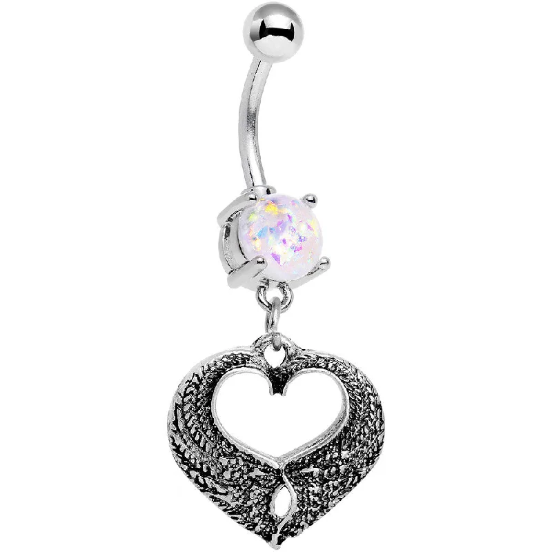 Trendy Belly Rings for Personalized Fashion -White Faux Opal Laurel Heart Dangle Belly Ring Trendy Belly Rings for Personalized Fashion -White Faux Opal Laurel Heart Dangle Belly Ring