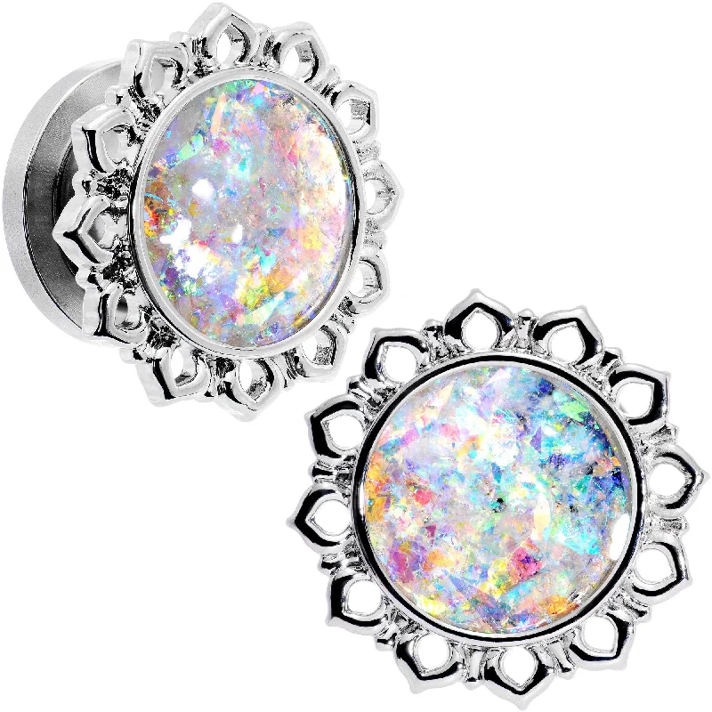 Women's Earrings – Elegant Designs for Every Personality--Handcrafted White Faux Opal Mandala Screw Fit Plug Set Sizes 8mm to 20mm