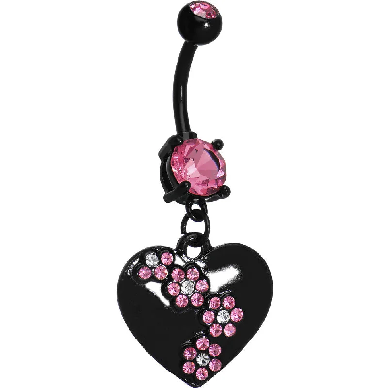 Stunning Belly Rings for Trendy Looks -Pink Gem Floral Black Heart Dangle Belly Ring Stunning Belly Rings for Trendy Looks -Pink Gem Floral Black Heart Dangle Belly Ring