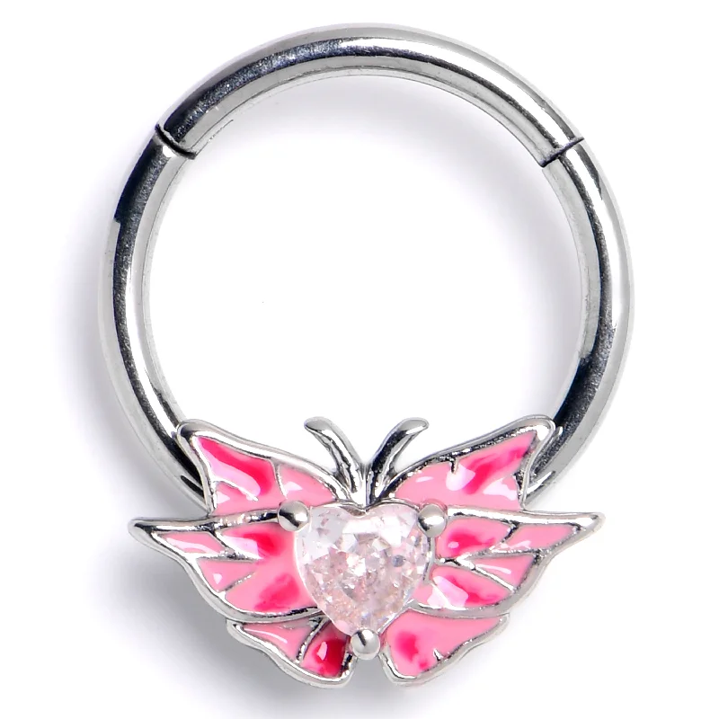 Small Hoop Nose Rings -16 Gauge 3/8 Pink CZ Gem Heart Butterfly Pink Hinged Segment Ring Small Hoop Nose Rings -16 Gauge 3/8 Pink CZ Gem Heart Butterfly Pink Hinged Segment Ring