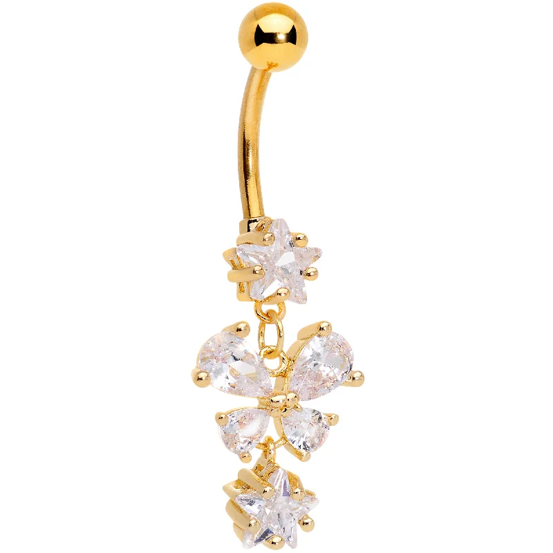 Belly Rings for Bold Fashion Statements -Clear Gem Gold Tone Star and Bow Dangle Belly Ring Belly Rings for Bold Fashion Statements -Clear Gem Gold Tone Star and Bow Dangle Belly Ring