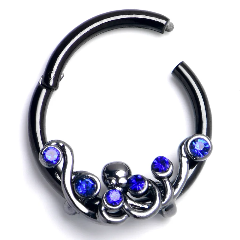 Nose Rings with Luxurious Appeal -16 Gauge 3/8 Blue Gem Black Scrolling Elegance Hinged Segment Ring Nose Rings with Luxurious Appeal -16 Gauge 3/8 Blue Gem Black Scrolling Elegance Hinged Segment Ring