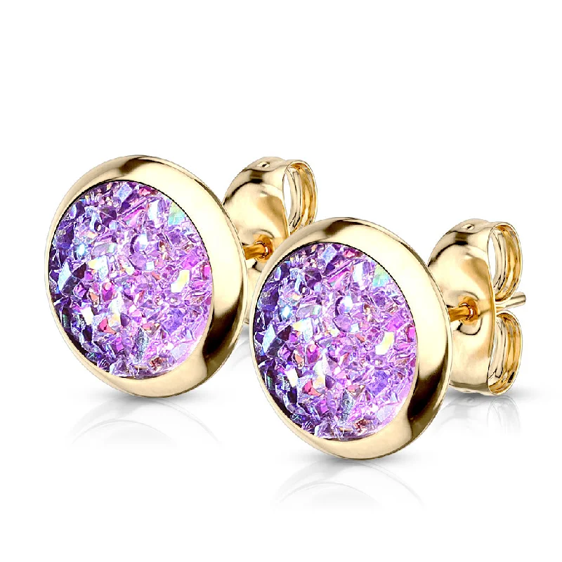 Women's Earrings – Elegant Designs for Every Personality--8mm Purple Synthetic Druzy Stone Gold PVD 316L Stainless Steel Stud Earrings