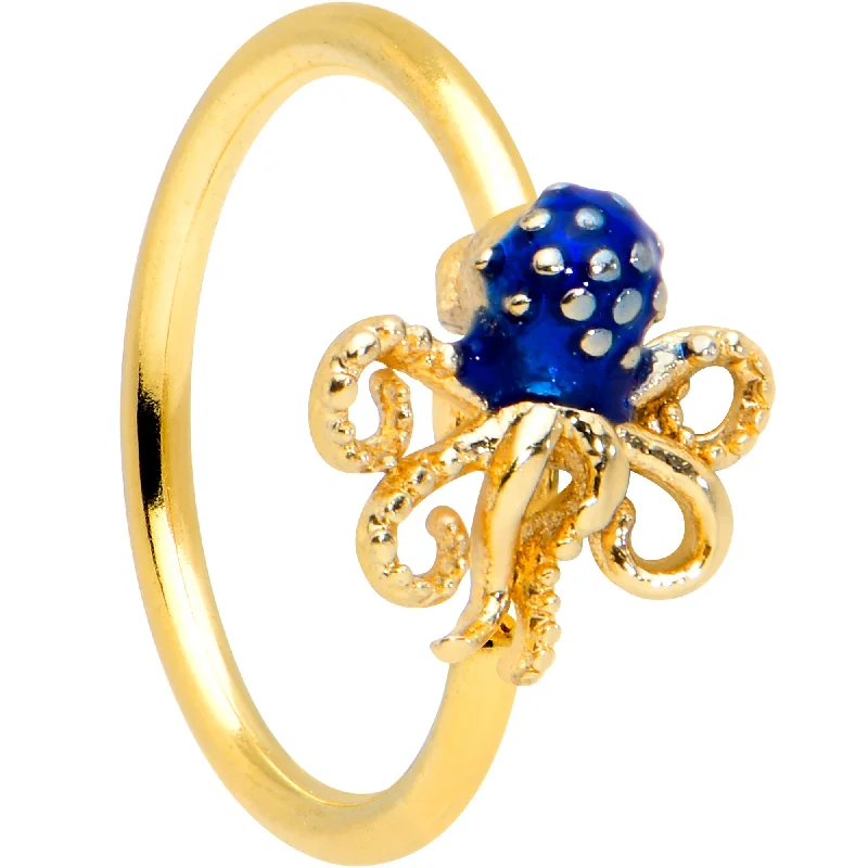Nose Rings with Flowers -20 Gauge 5/16 Gold Tone Textured Blue Octopus Nose Hoop