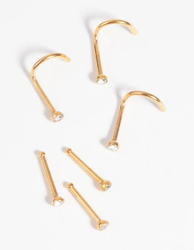 Fashion-Forward Nose Rings -Gold-Plated Surgical Steel Nose Stud 6-Pack