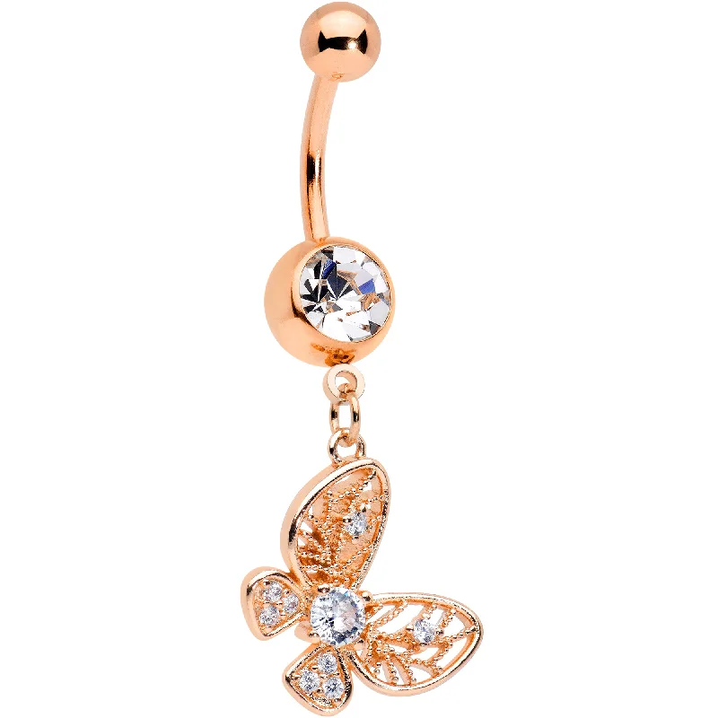 Stunning Belly Rings with Classic Design -Clear Gem Rose Gold Tone Airy Elegant Butterfly Dangle Belly Ring Stunning Belly Rings with Classic Design -Clear Gem Rose Gold Tone Airy Elegant Butterfly Dangle Belly Ring