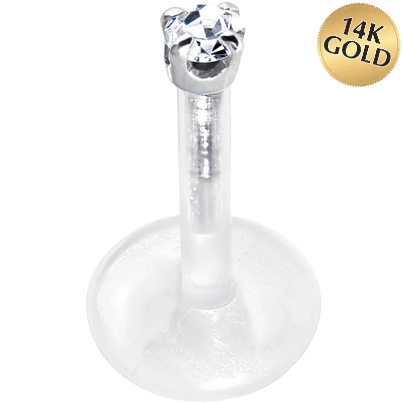 Women's Earrings – Elegant Designs for Every Personality--16 Gauge 5/16 Solid 14KT White Gold 1.5mm CZ Bioplast Push in Tragus Earring