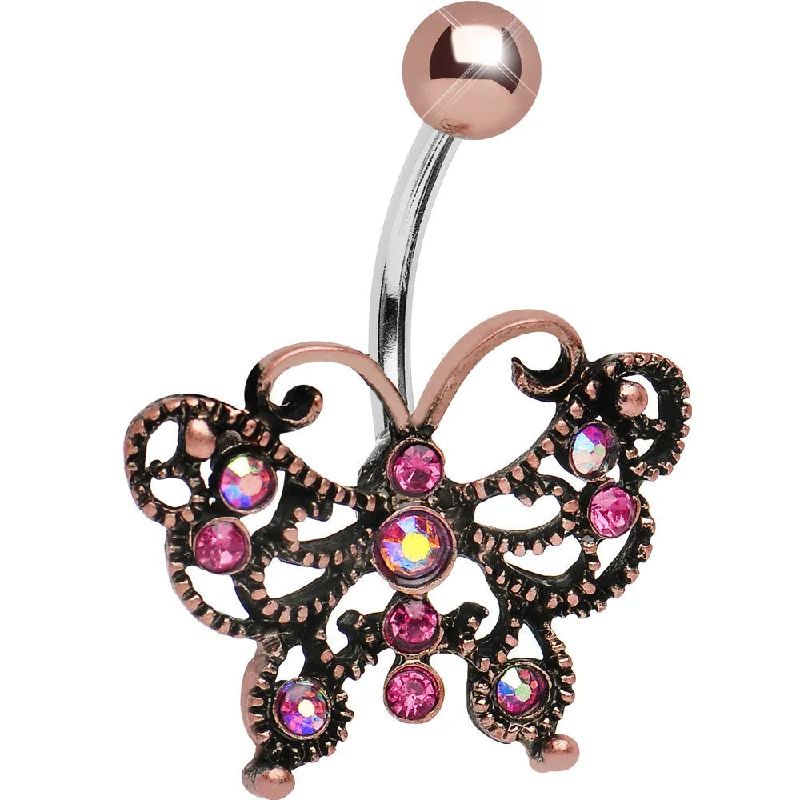 Custom Belly Rings for Exclusive Style -Pink Gem Antique Black Butterfly Belly Ring