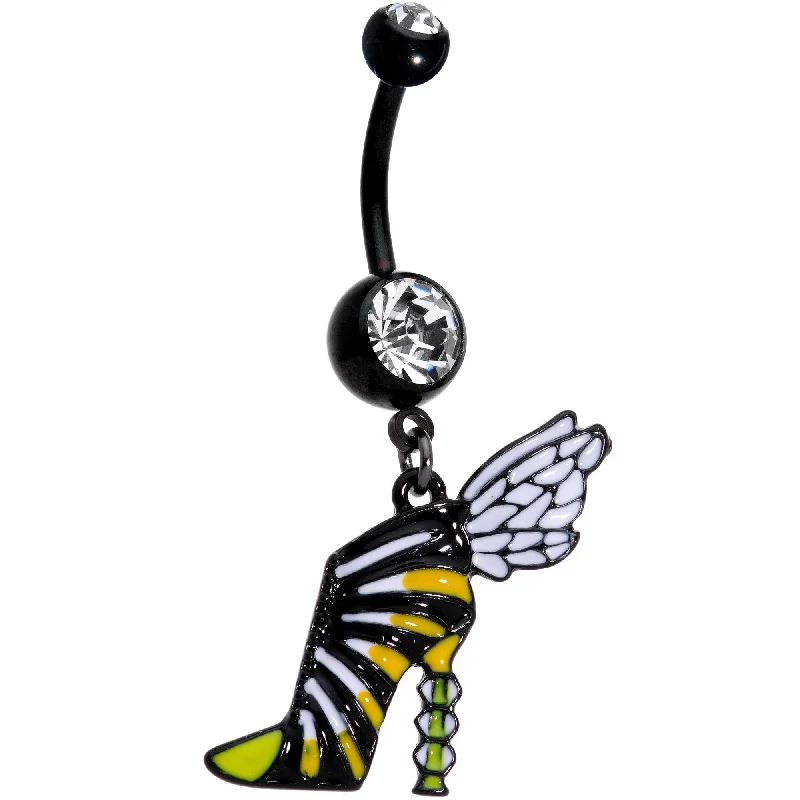 Comfortable Belly Rings for Everyday Glam -Clear Gem Black Halloween Bumblebee Stiletto Dangle Belly Ring Comfortable Belly Rings for Everyday Glam -Clear Gem Black Halloween Bumblebee Stiletto Dangle Belly Ring