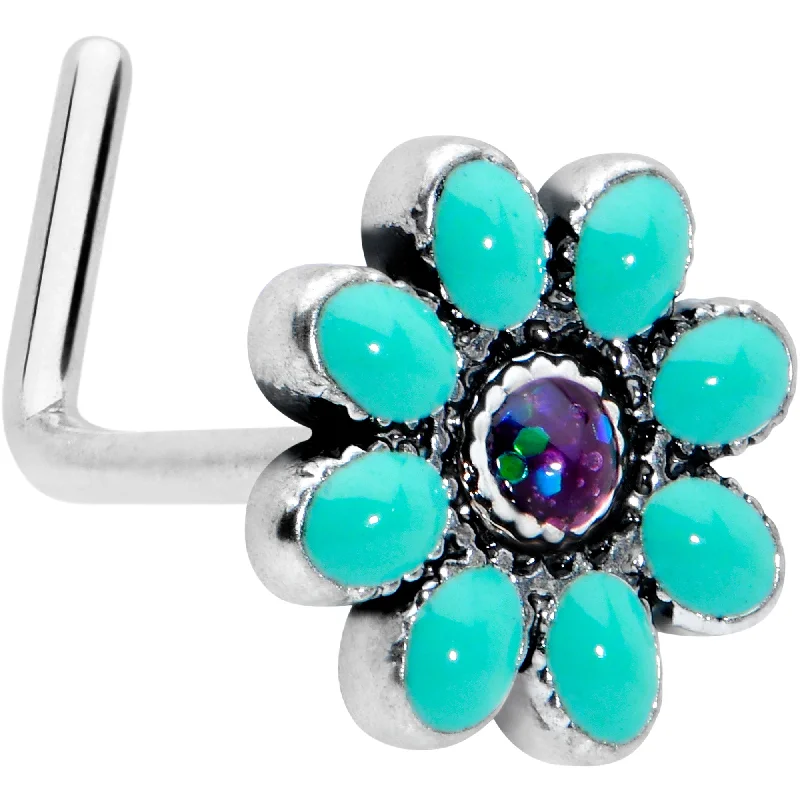 Fashionable Nose Rings -20 Gauge 7mm Blue Gem Flower Teal Petals L Shape Nose Ring