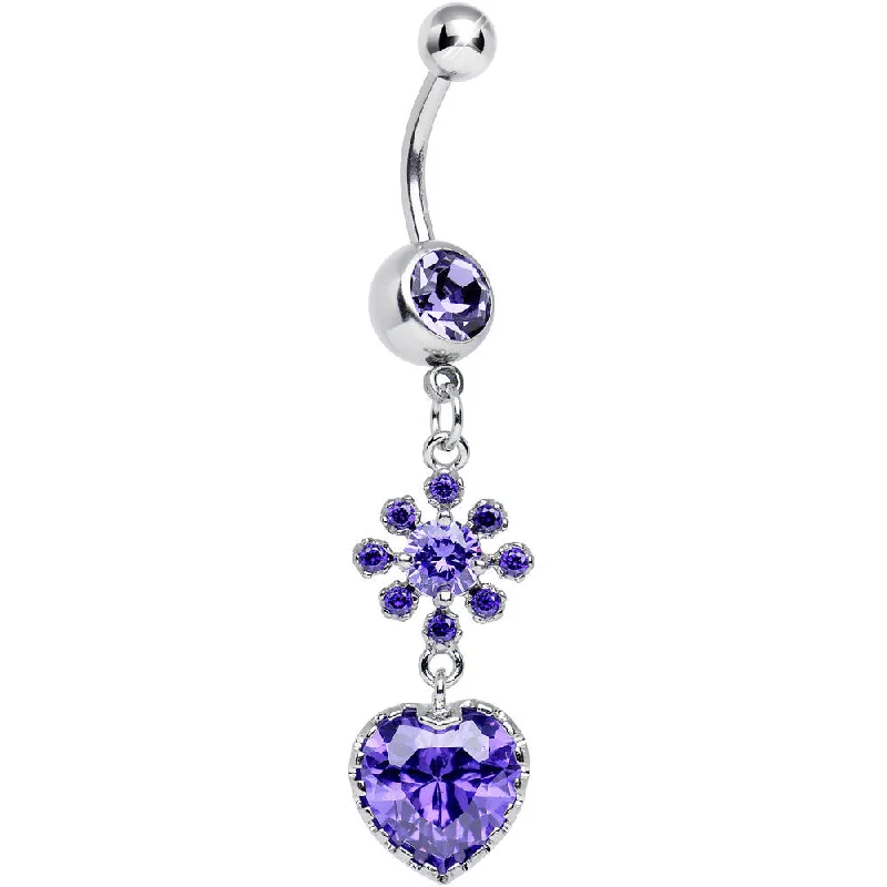 Unique Belly Rings for Creative Piercings -Purple CZ Flower Bomb and Heart Dangle Belly Ring Unique Belly Rings for Creative Piercings -Purple CZ Flower Bomb and Heart Dangle Belly Ring