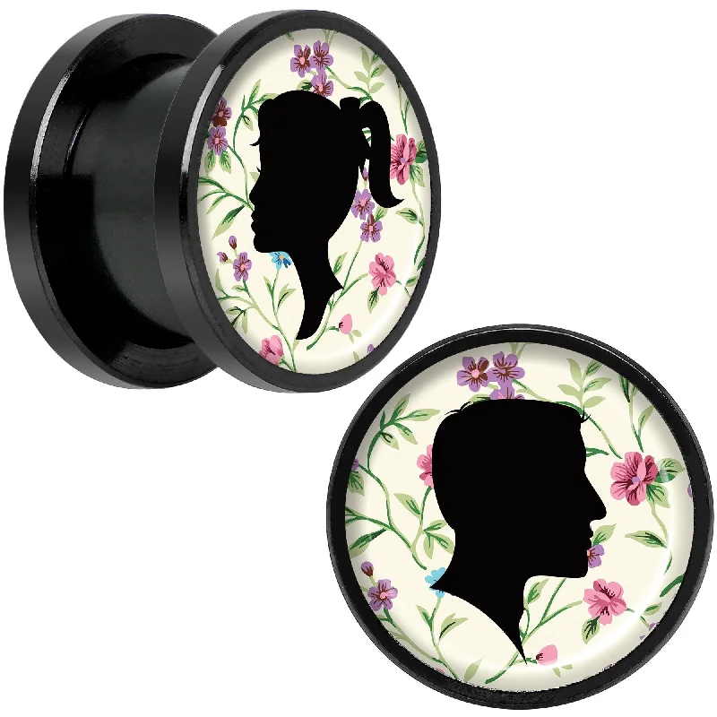 Women's Earrings – Elegant Designs for Every Personality--Man Woman Floral Silhouette Black Anodized Screw Fit Plug Set 1/2 Women's Earrings – Elegant Designs for Every Personality--Man Woman Floral Silhouette Black Anodized Screw Fit Plug Set 1/2