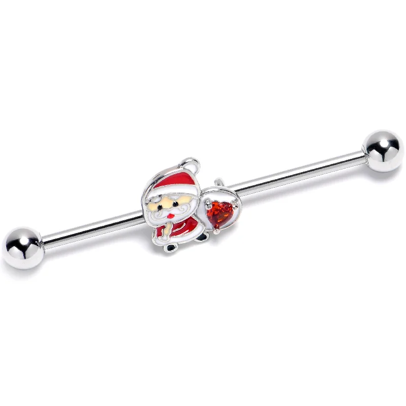 Women's Earrings – Elegant Designs for Every Personality--14 Gauge Red Gem Santa Heart Bag Holiday Industrial Barbell 38mm
