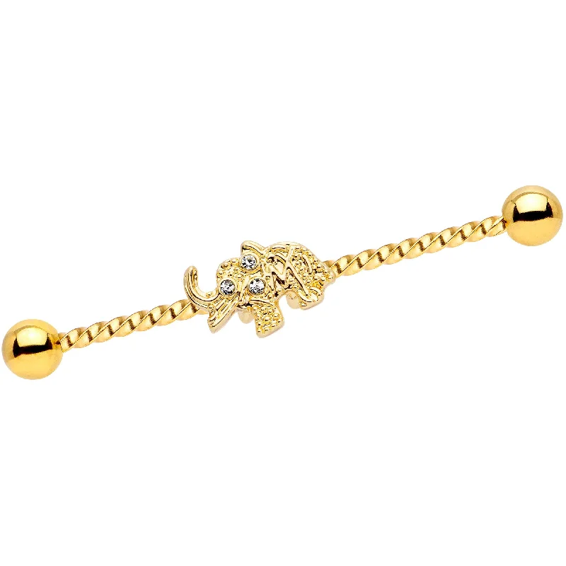 Women's Earrings – Elegant Designs for Every Personality--14 Gauge Clear Gem Gold Tone Elephant Industrial Barbell 38mm