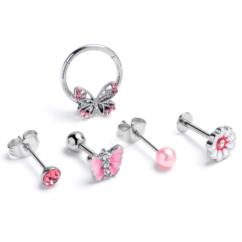 Women's Earrings – Elegant Designs for Every Personality--16 Gauge 3/8 5/16 Pink Gem Butterfly Labret BCR Cartilage Curation Set of 5