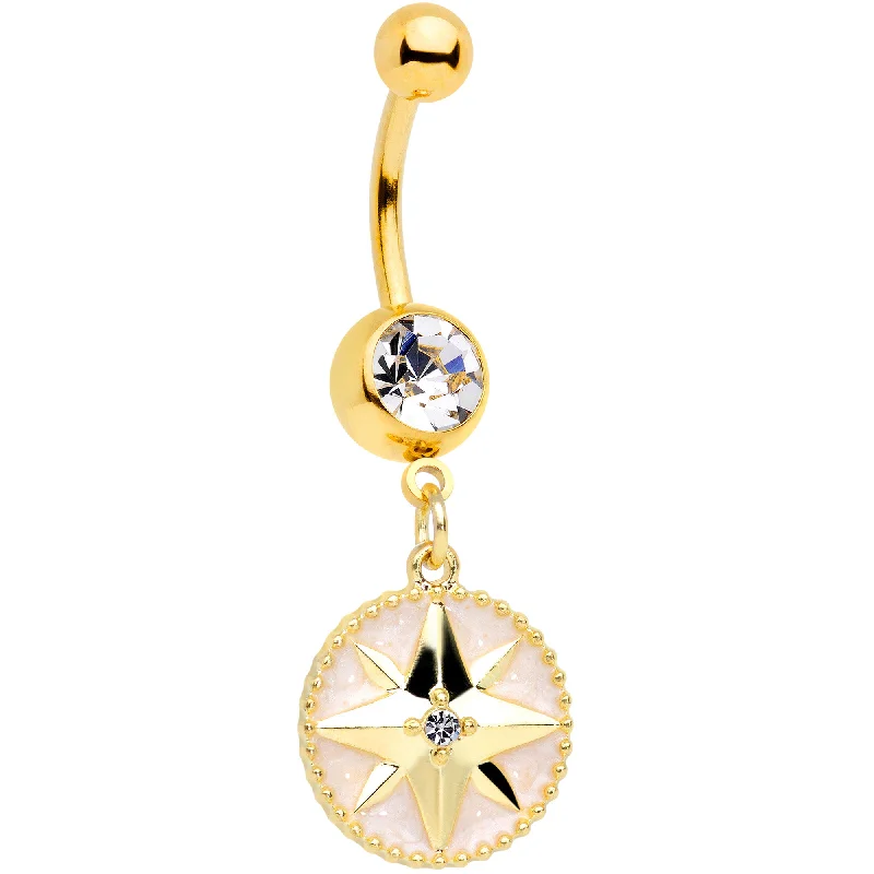 Designer Belly Rings for Personalized Style -Clear Gem Gold Tone Sailors Compass Dangle Belly Ring Designer Belly Rings for Personalized Style -Clear Gem Gold Tone Sailors Compass Dangle Belly Ring
