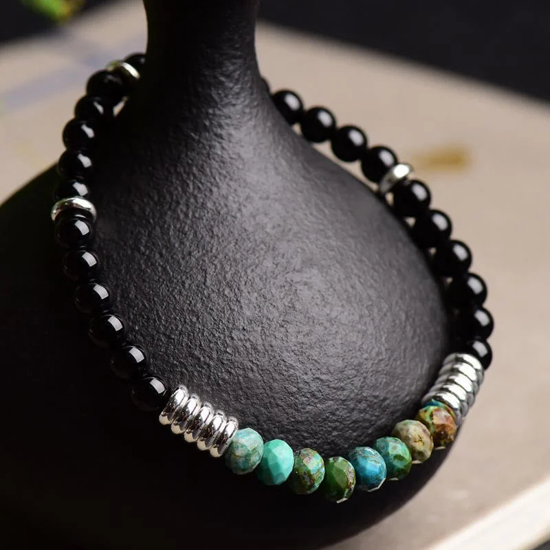 Men's Bracelets with Engraved Names-Buddha Stones Vintage Black Onyx Turquoise Protection Bracelet Men's Bracelets with Engraved Names-Buddha Stones Vintage Black Onyx Turquoise Protection Bracelet