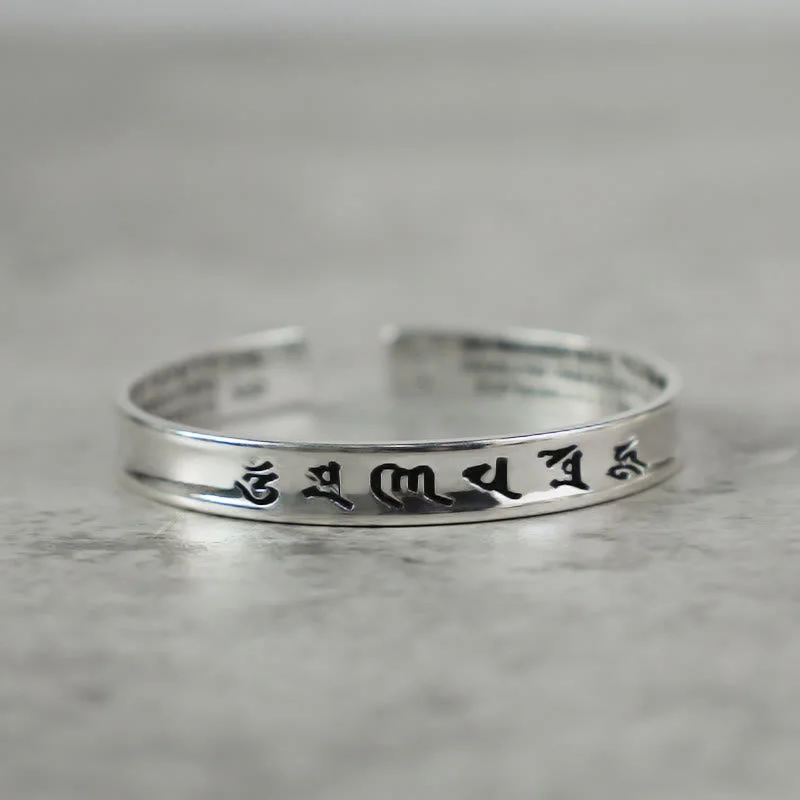Beaded Silver Bangles for Women-Buddha Stones Tibetan Mantra White Copper Bracelet
