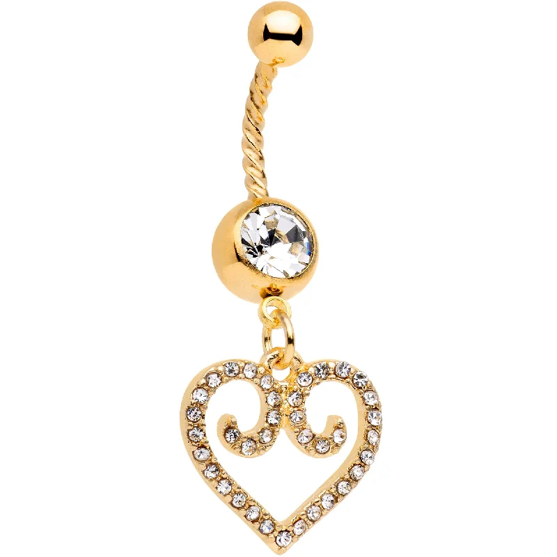 Comfortable Belly Rings with Unique Touch -Clear Gem Gold Tone Regal Heart Twisted Dangle Belly Ring Comfortable Belly Rings with Unique Touch -Clear Gem Gold Tone Regal Heart Twisted Dangle Belly Ring