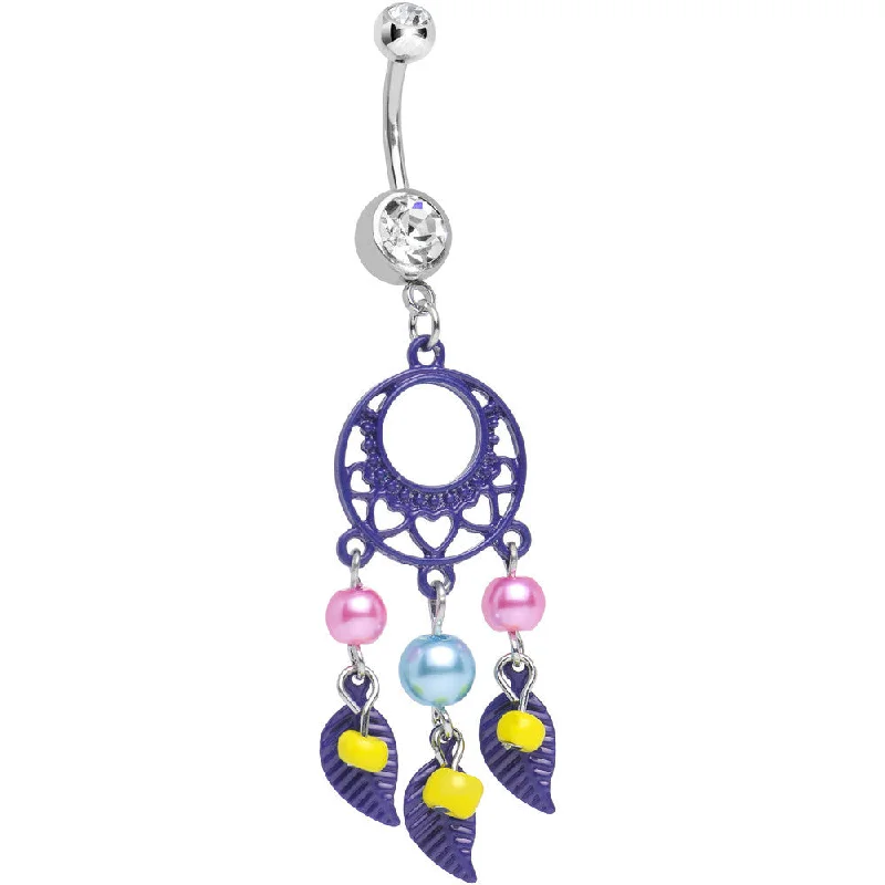 Sparkling Belly Rings with Radiant Stones -Clear Double CZ Pearly Feathers Purple Dreamcatcher Dangle Belly Ring Sparkling Belly Rings with Radiant Stones -Clear Double CZ Pearly Feathers Purple Dreamcatcher Dangle Belly Ring