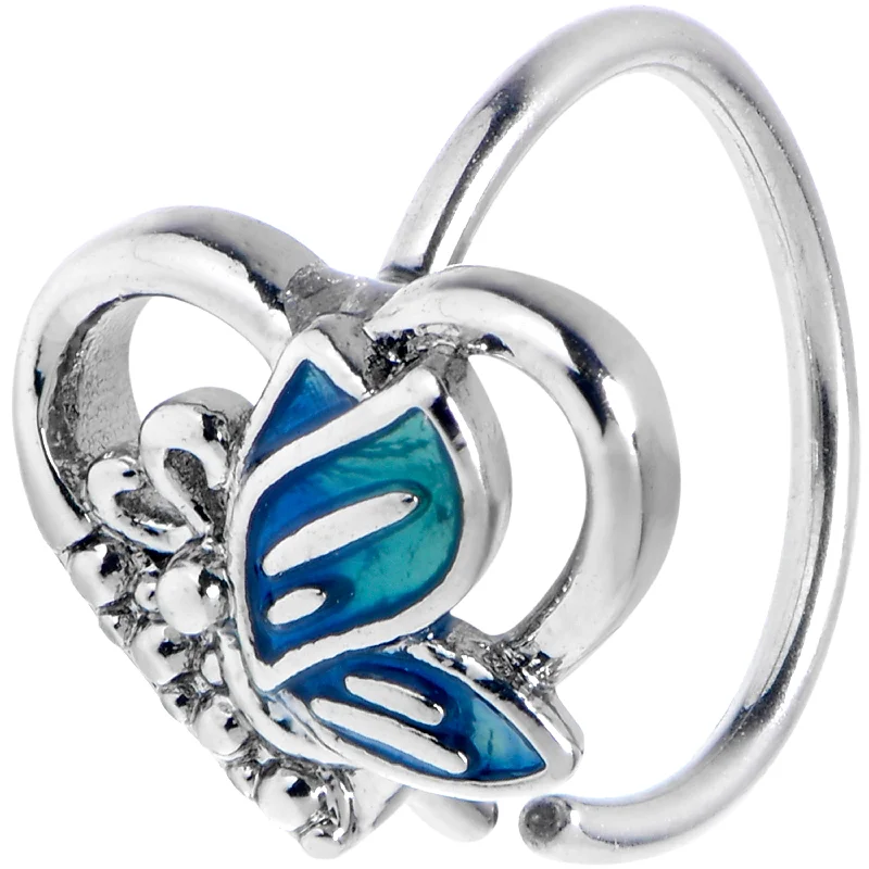 Nose Rings for Effortless Beauty -20 Gauge 5/16 Butterfly Love Heart Blue Nose Hoop