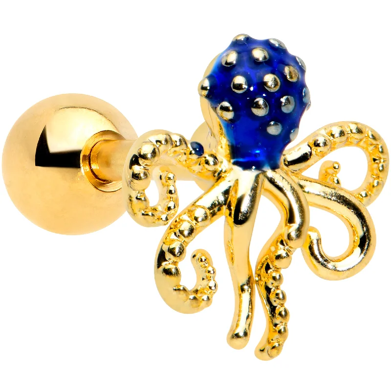 Women's Earrings – Elegant Designs for Every Personality--16 Gauge 1/4 Gold Tone Textured Blue Octopus Cartilage Tragus Earring Women's Earrings – Elegant Designs for Every Personality--16 Gauge 1/4 Gold Tone Textured Blue Octopus Cartilage Tragus Earring