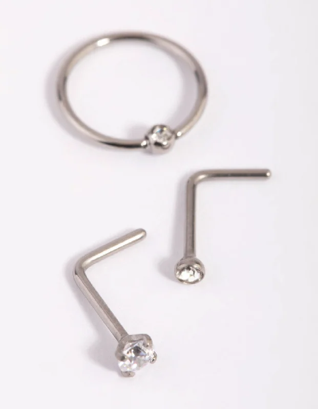 Designer Nose Rings for Bold Looks -Titanium Diamante Nose Stud Pack